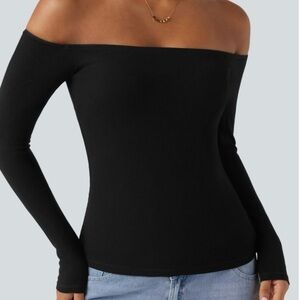 HALARA Off-Shoulder Ribbed Black Long Sleeve Top